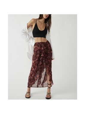 NWT Free People Floral Flounce Around Ruffle Midi Skirt in Brown Motif SZ 2